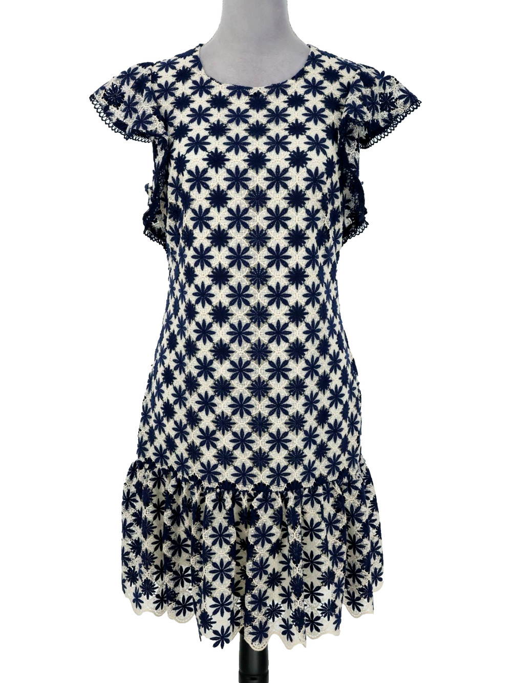 Shoshanna Dress Womens 6 Navy Blue Ivory Lace Lined Flutter Sleeve Ruffle Hem